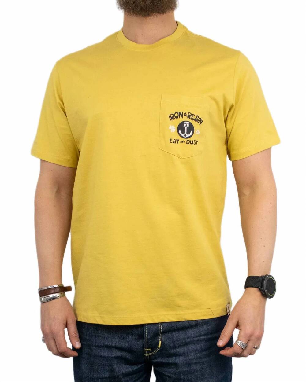NEW IRON & RESIN eat my dust pocket tee in gold